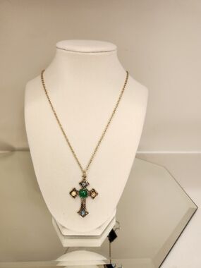 Gold-Tone Cross Pendant Necklace 24" with Green Center Stone